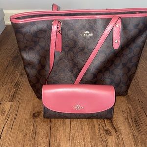Brown and pink Coach tote